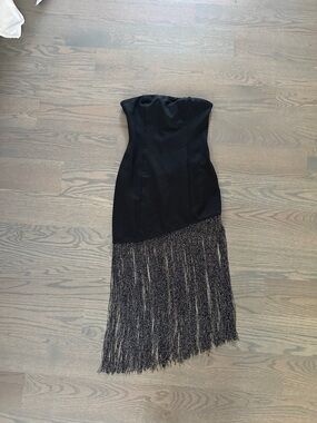 superdown Black Strapless Fringe Hem Asymmetrical Dress